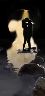 Silhouette of a couple embracing under moonlight reflecting on water.