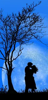 Romantic silhouette of couple under moonlight with tree against a blue backdrop.