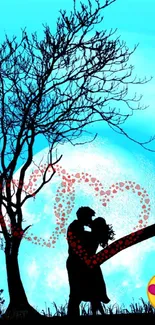 Romantic couple silhouette under moon with heart and emojis.