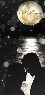 Silhouette of a couple under moonlight with starry night background.