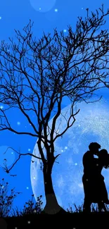 Romantic couple silhouette under moonlit blue sky.
