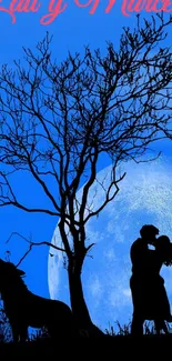 Silhouetted couple kissing under a moonlit sky with a nearby howling wolf.