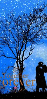 Silhouette of couple in romantic moonlit night scene.