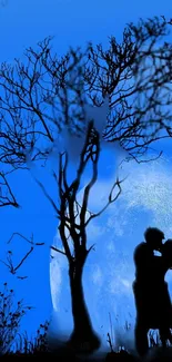 Silhouette of a couple kissing under a blue sky and full moon.