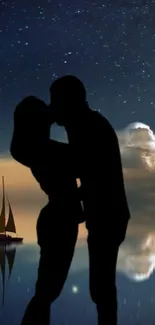 Couple's silhouette under starry night with sailboat reflection.