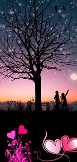 Romantic silhouette under a starry night sky wallpaper with artistic heart design.