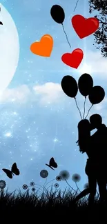 Silhouette couple under a romantic night sky with balloons and stars.