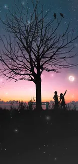 Silhouette of couple under starry night with tree and moon.