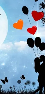 Romantic couple kissing under night sky with balloons and moon.