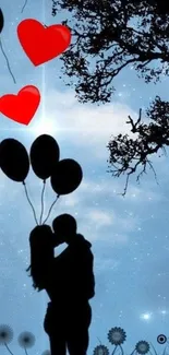 Silhouette couple under starry sky with balloons and hearts.