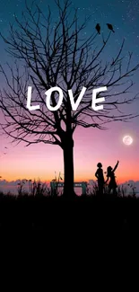 Silhouette of couple under a tree with a purple sunset sky and full moon.