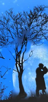 Silhouette couple kissing under a moonlit tree on a blue night wallpaper.