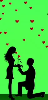 Romantic silhouette proposal art with hearts on green background.