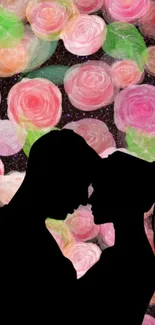 Silhouette couple with pink roses background for mobile wallpaper.