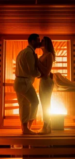 Romantic couple in a sauna silhouetted by warm orange glow.