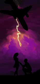 Silhouette of a couple beneath a dramatic purple sky with airplane and lightning.