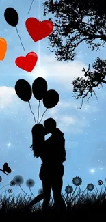 Silhouette couple with balloons under a starry sky and floating hearts.