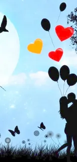 Romantic silhouette with balloons under a moonlit sky and butterflies.