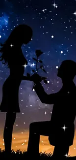 Silhouette couple under starry night sky.