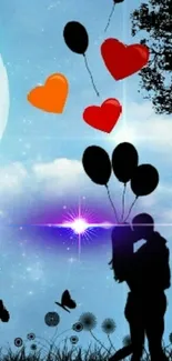 Romantic silhouette with balloons and starry sky.