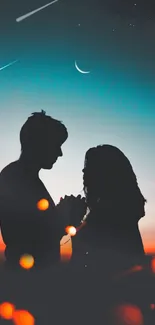 Silhouette couple under crescent moon and vibrant sky.