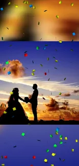 Silhouette of couple at sunset with confetti in sky.