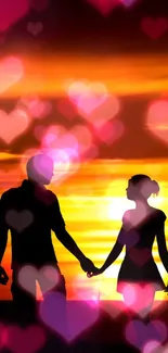 Silhouetted couple holds hands against a vibrant orange sunset with heart overlays.