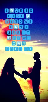 Romantic couple silhouette against a vibrant sunset with a love quote.