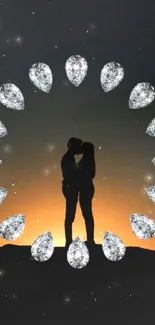 Silhouette of a couple at sunset with diamond circle on mobile wallpaper.