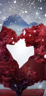 Romantic silhouette of a couple in a red tree with snowflakes.