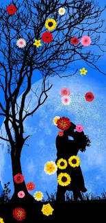 Silhouette of a couple under a blue moonlit sky.