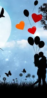 Romantic couple silhouette under a moonlit sky with balloons and hearts.