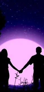 Silhouette of couple holding hands under a full moon and starry sky.