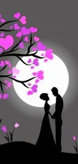 Romantic couple silhouette under a full moon with pink heart-shaped blossoms.