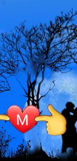 Silhouette couple embracing under a moonlit blue sky with a heart icon.