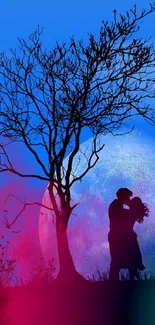 Silhouetted couple under moonlit sky with vibrant colors.