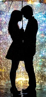 Romantic couple silhouette under a vibrant rain.