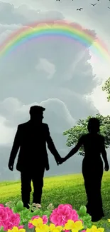 Silhouette couple walks under rainbow with floral accents and green landscape.