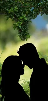 Romantic couple silhouette amidst greenery.