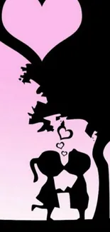 Romantic couple silhouette with heart on pink background.