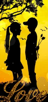 Silhouette couple under tree with sunset background on mobile wallpaper.