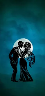 Romantic couple silhouette under teal moonlit sky wallpaper.