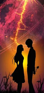 Silhouette of couple against red planet with glowing cosmic backdrop.