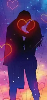 Romantic couple silhouette with cosmic heart-filled backdrop.