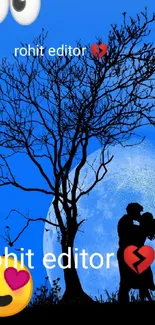 Couple silhouette under moonlit blue sky.