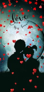 Romantic couple silhouette under moon with red hearts falling.