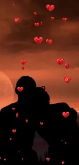 Romantic silhouette with red hearts and a glowing moon.