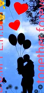 Romantic silhouette couple under a blue sky with red hearts.