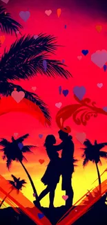 Silhouette of couple with hearts at sunset.