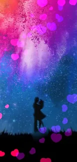 Silhouette couple with vibrant pink, purple, and blue cosmic background.